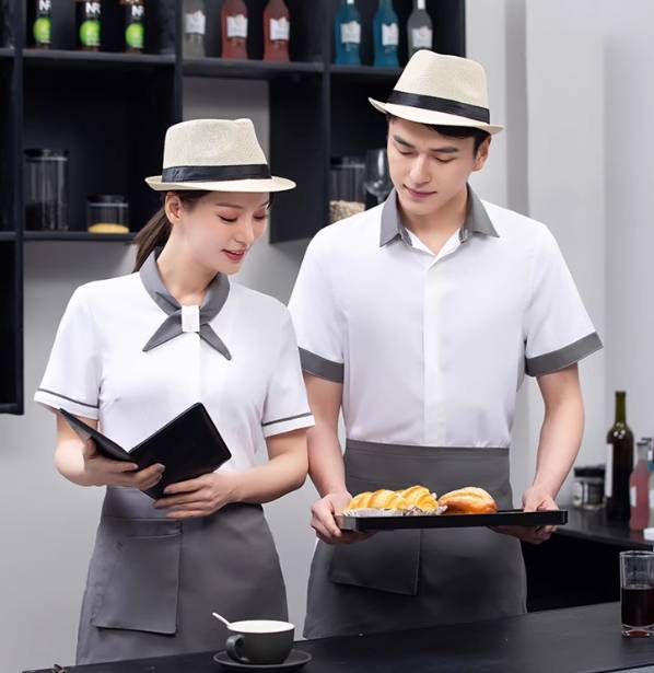 ชุดฟอร์มพนักงานเสริฟสีดำ สีขาว สีแดง ชุดพนักงานร้านอาหาร ชุดร้านกาแฟ โรงแรม รีสอร์ท