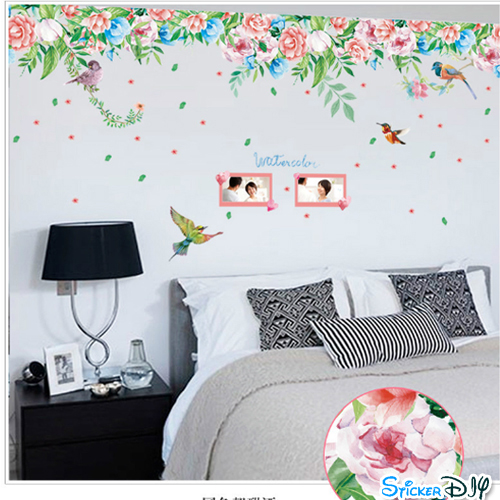Transparent Wall Sticker สติ๊กเกอร์ติดผนังแต่งขอบ กรอบรูป "Water Color Roses" (กว้าง170cm.xสูง55cm.)