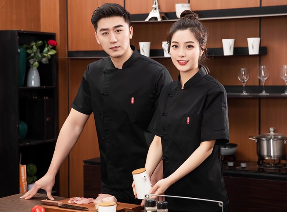 เสื้อเชฟสไตล์จีนติดกระดุมแขนสั้น เสื้อเชฟร้านอาหาร ด้านหลังเป็นผ้าระบายอากาศ