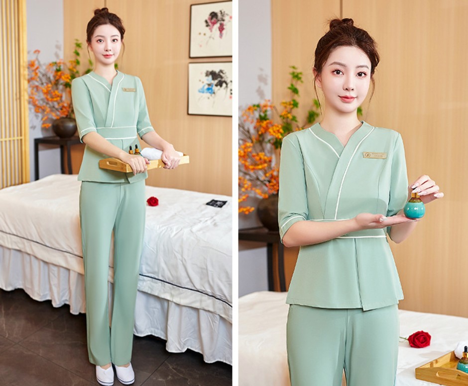 ชุดนวดสปา ชุดพนักงานซาวน่าเสริมสวย ชุดพนักงานนวด สีเขียว สีขาว ไซส์ S-7XL