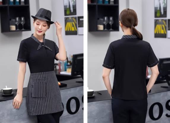 ชุดฟอร์มพนักงานเสริฟสีดำ สีขาว สีแดง ชุดพนักงานร้านอาหาร ชุดร้านกาแฟ โรงแรม รีสอร์ท