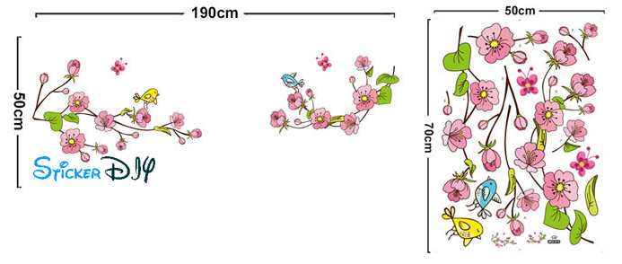 Transparent wall sticker สติ๊กเกอร์ติดผนัง กิ่งไม้ดอกชมพูและนกคู่ (กว้าง190cm.xสูง50cm.)