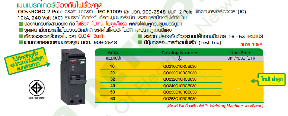 เมนเบรกเกอร์ 2P กันไฟดูด (RCBO) 16-63A "Schneider"