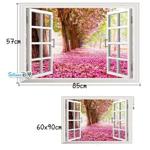 Wall Sticker สติ๊กเกอร์ติดผนังสามมิติ 3D หน้าต่างซากุระ XL8022F (กว้าง85cm.xสูง57cm.)