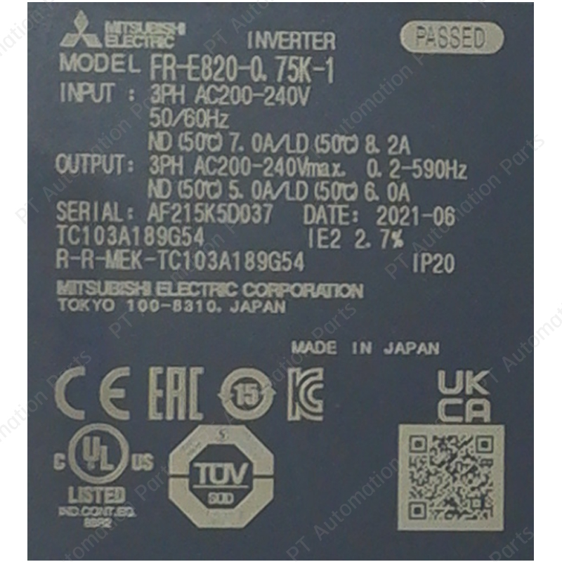 Mitsubishi FR-E820-0.75K-1 Inverter 0.75KW 1HP Input 3-Phase 200-240VAC Output 3-Phase 200-240VAC 0.2-590Hz E800 Series อินเวอร์เตอร์ มิตซูบิชิ เครื่องควบคุมความเร็วรอบมอเตอร์ สำหรับมอเตอร์ 1 แรงม้า