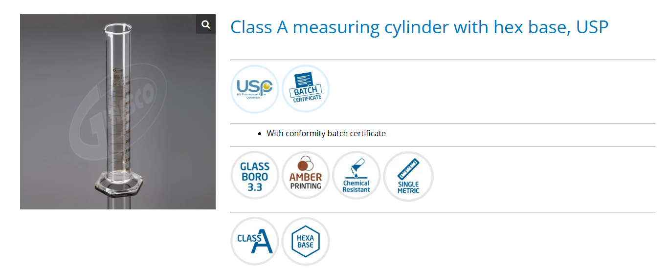 Measuring Cylinder Hex Base (Amber Scale) Class A w/cert. Lot - GLASSCO (UK)