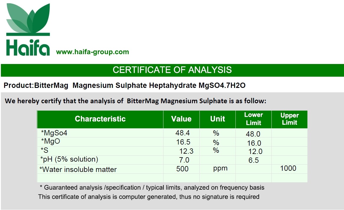 MgSO4.7H2O BitterMag Haifa Magnesium Sulphate Heptahydrate แมกนีเซียมซัลเฟต ไฮฟ่า [แบบผลึกคริสตัล] (ประกอบด้วยธาตุ Mg 10%) บรรจุ 25 กิโลกรัม