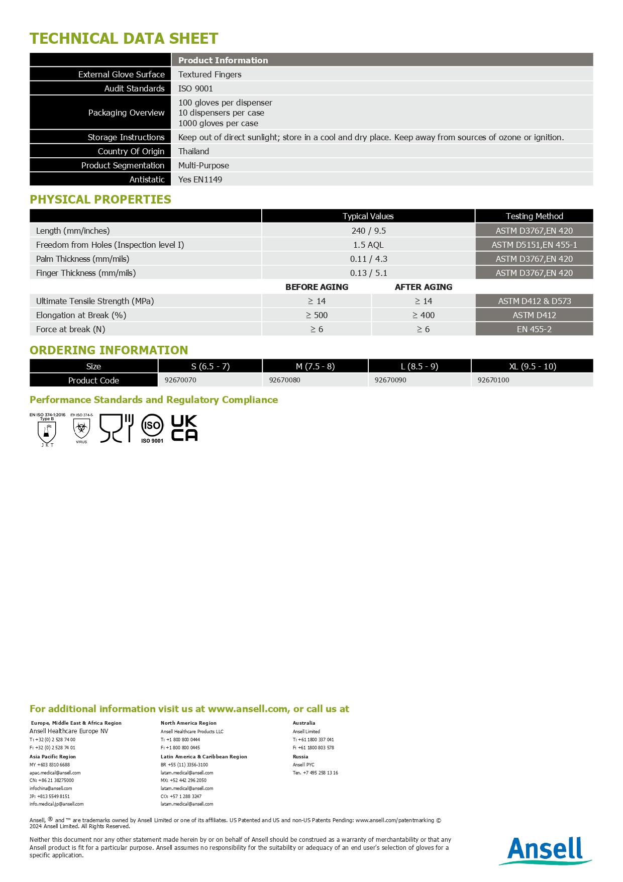 ถุงมือยางไนไตร สีฟ้า ANSELL (TouchNTuff® 92-670)