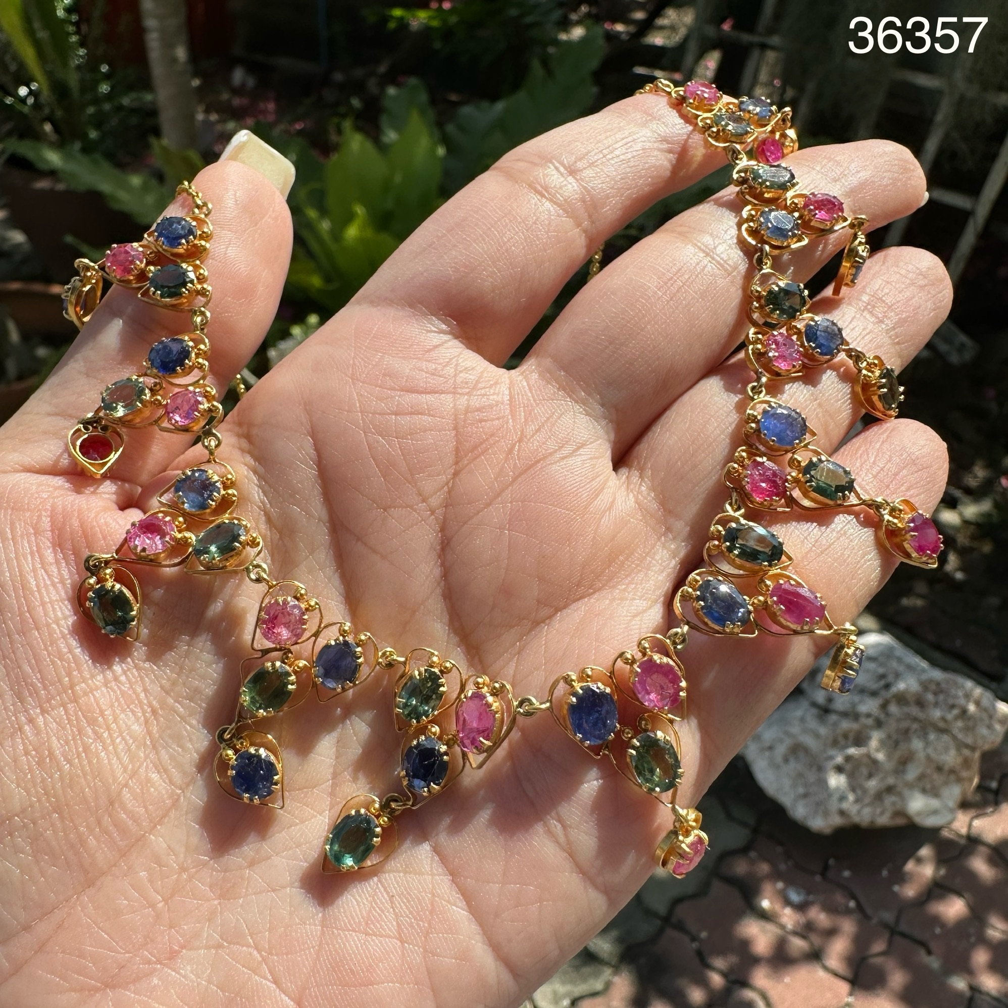 รหัส 36357 สร้อยคอ พลอยหลายสี ทับทิม ไพลิน เขียวส่อง หยดน้ำ หัวใจ ระย้า ตุ้งติ้ง ทอง90 งานสวยมาก นน. 25.68 g