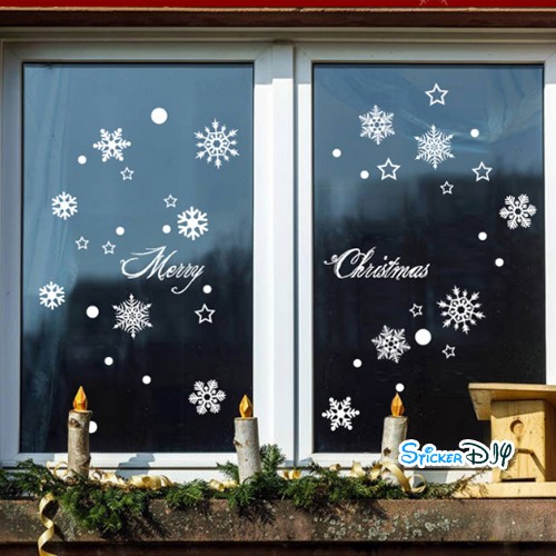 Transparent wall sticker สติ๊กเกอร์ติดผนัง เกล็ดหิมะ "Merry Christmas" (กว้าง>80cm.xสูง>67cm.)