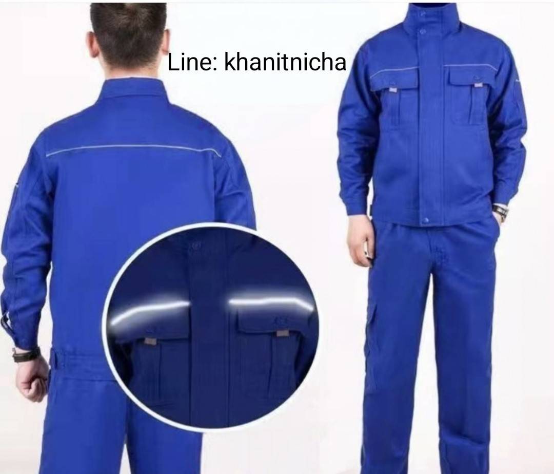 ชุดช่างผ้าฝ้ายแท้ ชุดป้องกันแรงงาน มีแถบสะท้อนแสง ชุดช่าง ชุดช่างเชื่อมโรงงาน สีกากี สีฟ้า