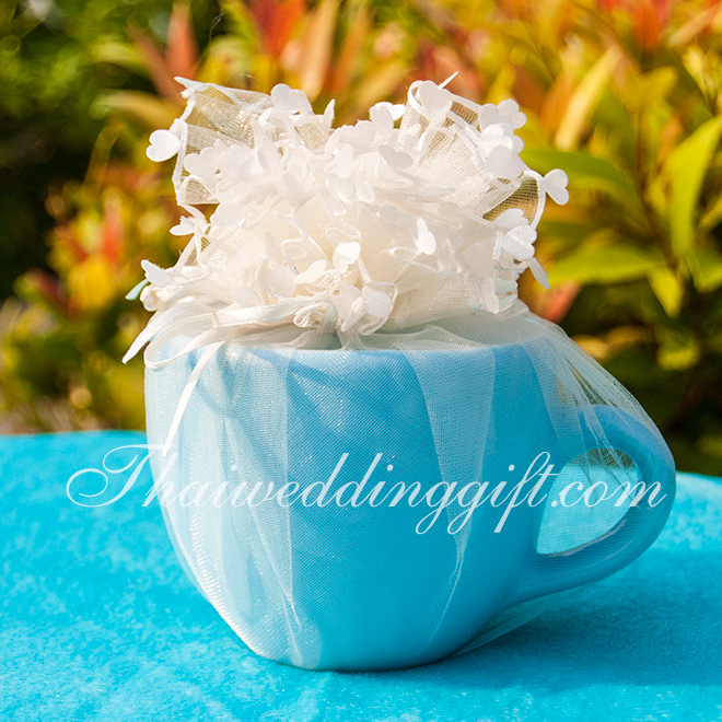 แก้วกาแฟ ทรงอ้วน สีฟ้า แพ็คถุงฟูขอบหัวใจครีม