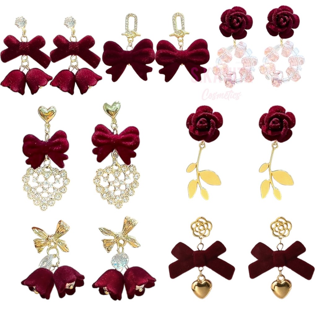 ตุ้มหู ต่างหู แดงกำมะหยี่ แดงเลือดนก Red Velvet Earrings