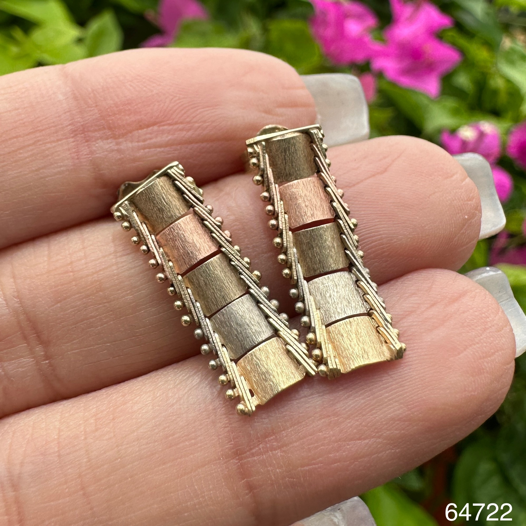 รหัส 64722 ต่างหู ทอง14K 3 กษัตริย์ แป้นทอง9k ลายทางรถไฟ นน. 2.34 g