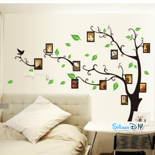 Transparent Wall Sticker สติ๊กเกอร์ติดผนัง กรอบรูปต้นไม้(ขวา)ใบเขียว สีดำ (กว้าง170cm.xสูง120cm.)