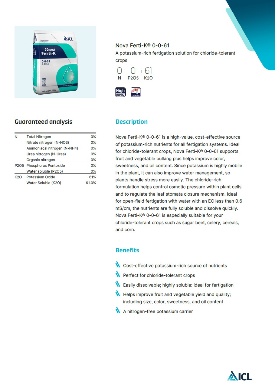 KCl Potassium Chloride (Muriate of Potash; MOP) ปุ๋ยเกล็ด Ferti-K 0-0-61 (ICL fertilizer อิสราเอล) บรรจุ 25 กิโลกรัม