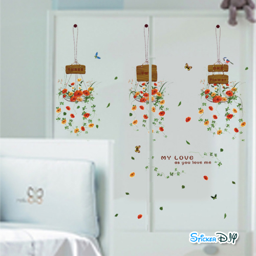 Transparent wall sticker สติ๊กเกอร์ติดผนัง กระถางต้นไม้ห้อย MY LOVE (กว้าง130cm.xสูง105cm.)