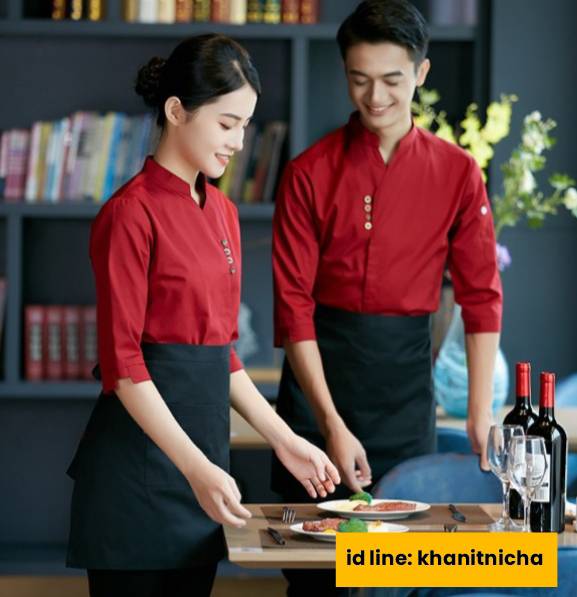 ชุดพนักงานเสริฟร้านกาแฟ ชุดพนักงานร้านอาหาร สีน้ำตาล สีแดง สีดำ