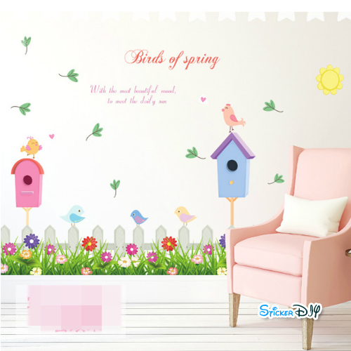 Transparent wall sticker สติ๊กเกอร์ติดผนังแต่งขอบ Birds of spring (กว้าง103cm.xสูง65cm.)