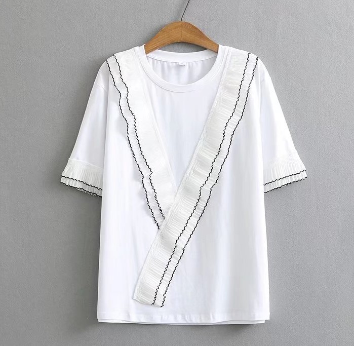 P24404 เสื้อยืดแฟชั่น ผ้ายืดเนื้อดีทรงปล่อย แต่งอัดพลีท 2 สี ขาว ดำ