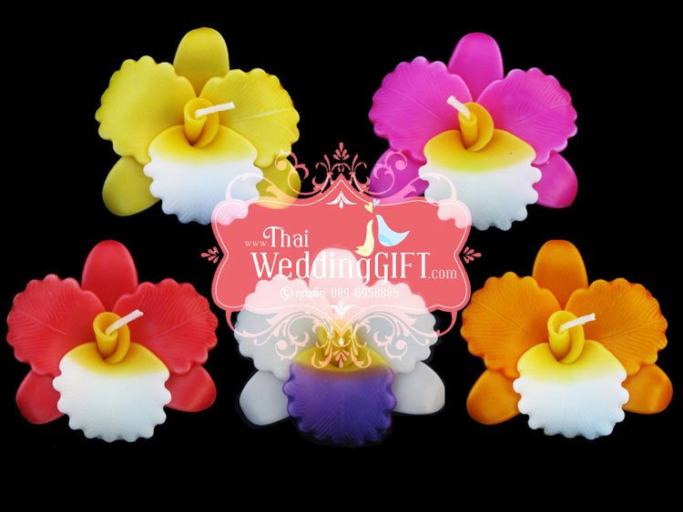 เทียนหอมลอยน้ำดอกแคทลียา แพ็คถุงแก้ว ผูกเชือกพร้อมใบไม้