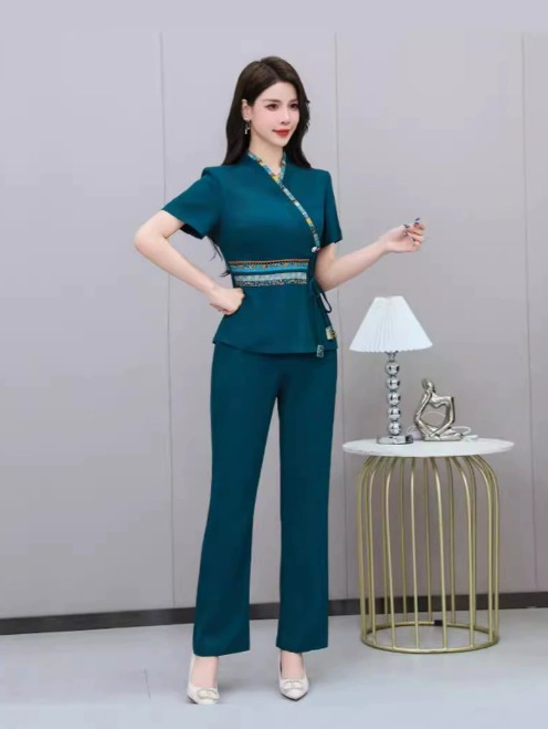 ชุดนวดสปา ชุดเสริมสวย ชุดพนักงานซาวน่า ต้อนรับ สีเขียวอมฟ้า S-5XL
