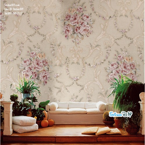 (กว้าง45cm.xยาว10m.)Wallpaper sticker วอลเปเปอร์แบบกาวในตัว ลายดอกไม้ W6040B