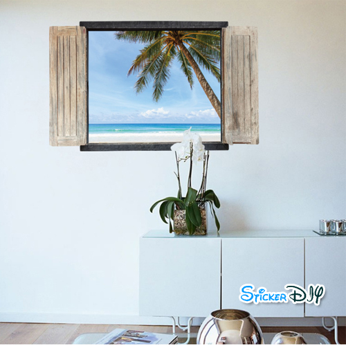 Wall Sticker สติ๊กเกอร์ติดผนังสามมิติ 3D หน้าต่าง BEACH A (กว้าง90cm.xสูง60cm.)
