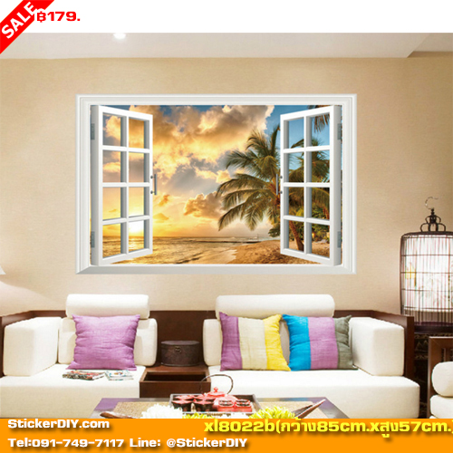 Transparent wall sticker สติ๊กเกอร์ติดผนัง 3D ชายหาดพระอาทิตย์ตก (กว้าง85cm.xสูง57cm.)