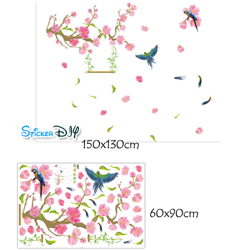 Transparent wall sticker สติ๊กเกอร์ติดผนัง กิ่งไม้ดอกพีชฤดูใบไม้ผลิ (กว้าง150cm.xสูง130cm.)