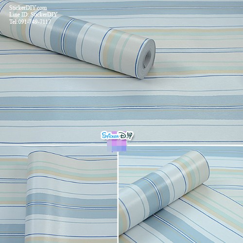 (กว้าง45cm.xยาว10m.)Wallpaper sticker วอลเปเปอร์แบบกาวในตัว Line สไตล์F สีฟ้า