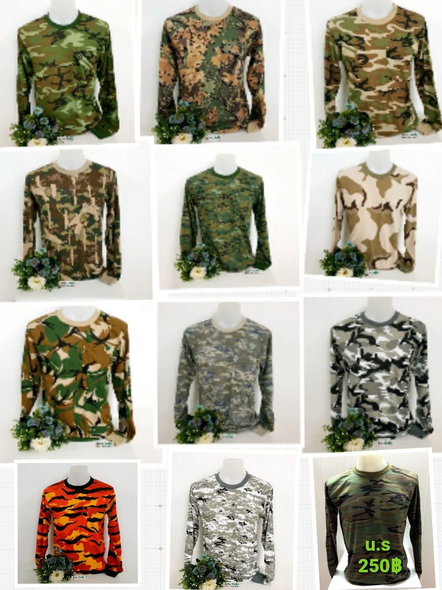 เสื้อยืดคอกลมแขนยาวลายพราง มีกระเป๋า