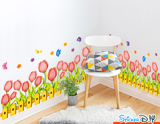 Wall sticker สติ๊กเกอร์ติดผนัง รัวไม้ Tulip สีชมพู (กว้าง138cm.xสูง35cm.)