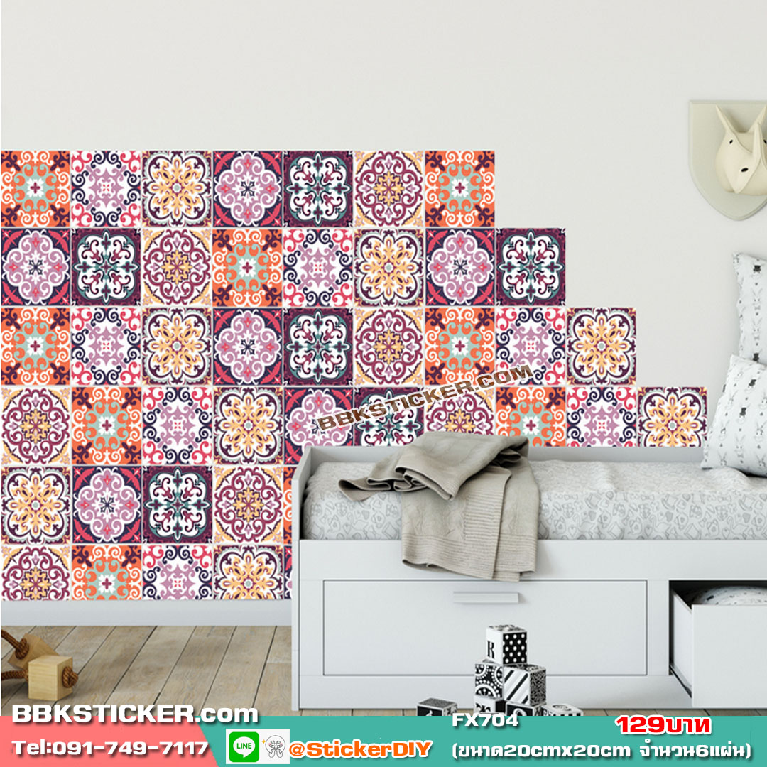 Transparent wall sticker สติ๊กเกอร์กระเบื้องโบราณ FX704 (ขนาด20cmx20cm จำนวน6แผ่น)