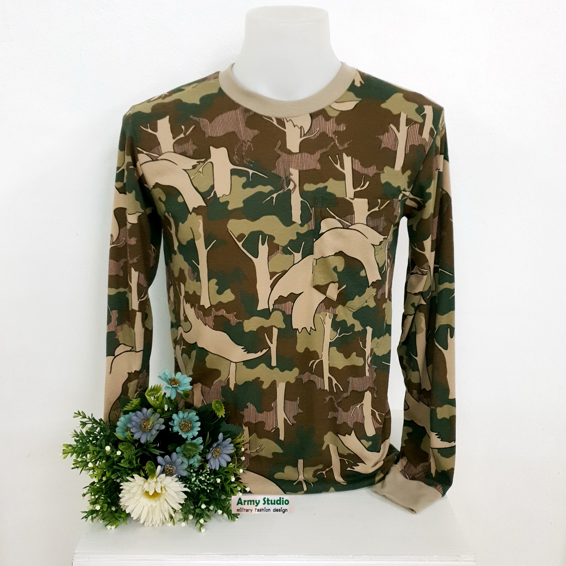 เสื้อยืดคอกลมแขนยาวลายพราง มีกระเป๋า ใส่แล้วไม่พรางตัวอย่างเี่ยว พรางหุ่นก้อได้ ใส่ได้ทั้งผู้ชายผู้หญิง งานไทยคุณภาพพร้อมส่ง