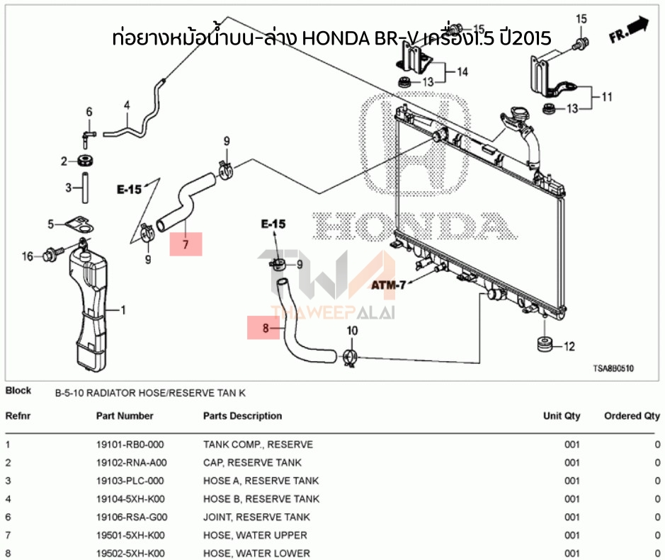 [Pre-Order] ท่อยางหม้อน้ำบน-ล่าง HONDA BR-V เครื่อง1.5 ปี2015 เกียร์AT /19501-5XH-K00,19502-5XH-K00