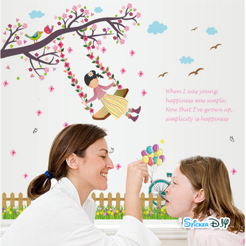 Transparent wall sticker สติ๊กเกอร์ติดผนัง แกว่งชิงช้า "I was young" (กว้าง88cm.xสูง68cm.)