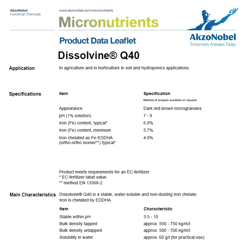 [25KG] ผงจุลธาตุเหล็กคีเลตอีดีดีเอชเอ 6% (เหล็กม่วง) Dissolvine Q40 (EDDHA FE 6%; Aczonobel Netherland) บรรจุ 25 กิโลกรัม