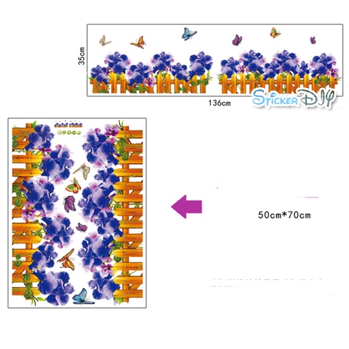 Transparent Wall Sticker สติ๊กเกอร์ติดผนัง รั้วดอกไม้บานสีน้ำเงินอมม่วง (กว้าง136cm.xสูง35cm.)