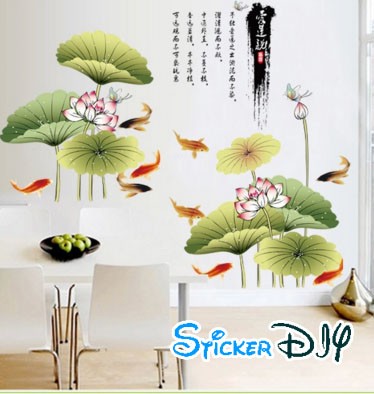 Bigsize Transparent wall sticker สติ๊กเกอร์ติดผนัง บ่อบัวปลาคาร์ฟนำโชค สไตล์ B (กว้าง210cm.xสูง117cm.)