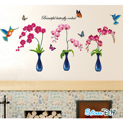 Transparent wall sticker สติ๊กเกอร์ติดผนัง 3D แจกันกล้วยไม้ (กว้าง122cm.xสูง60cm.)