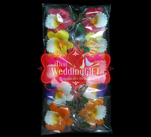 เทียนหอมลอยน้ำดอกแคทลียา แพ็คถุงแก้ว ผูกเชือกพร้อมใบไม้