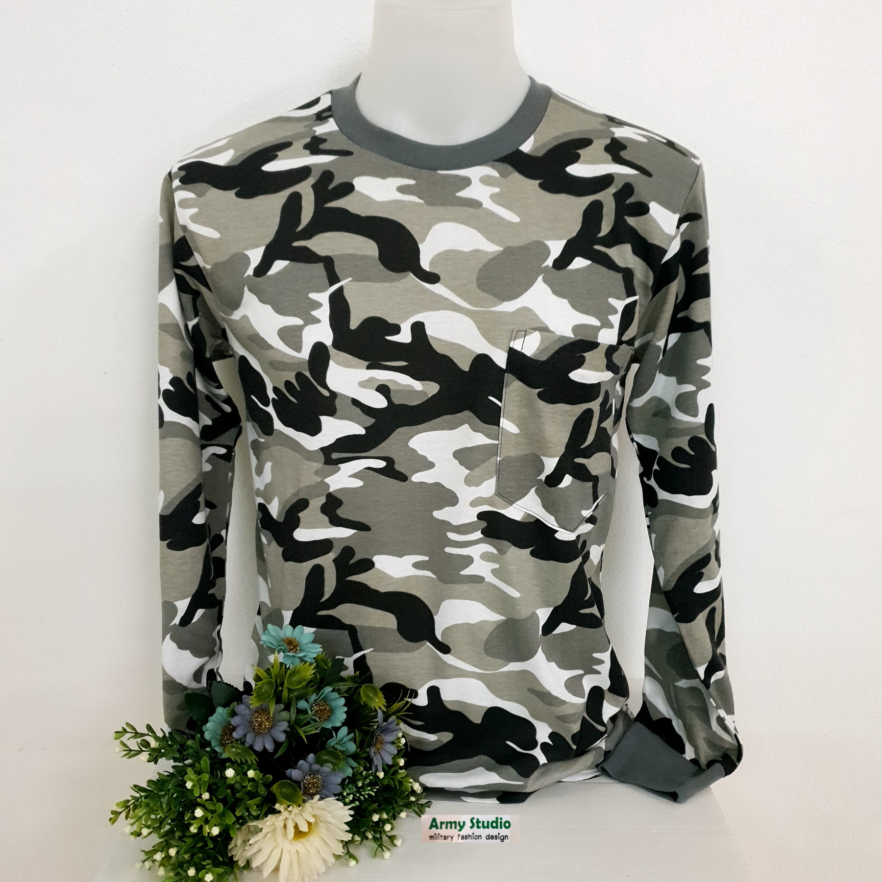 เสื้อยืดคอกลมแขนยาวลายพราง มีกระเป๋า ใส่แล้วไม่พรางตัวอย่างเี่ยว พรางหุ่นก้อได้ ใส่ได้ทั้งผู้ชายผู้หญิง งานไทยคุณภาพพร้อมส่ง