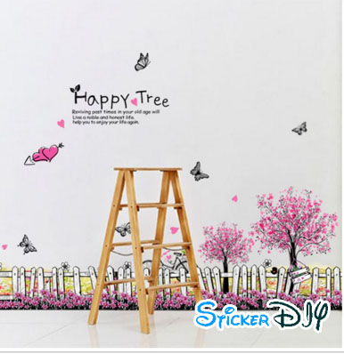Transparent wall sticker สติ๊กเกอร์ติดผนัง รั้วต้นเชอรี่ชมพูม่วง HAPPY TREE (กว้าง108cm.xสูง55cm.)