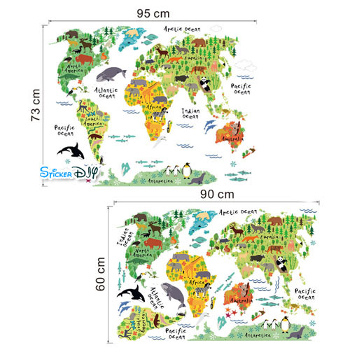 Transparent wall sticker สติ๊กเกอร์ติดผนัง Animal world map (กว้าง95cm.xสูง73cm.)