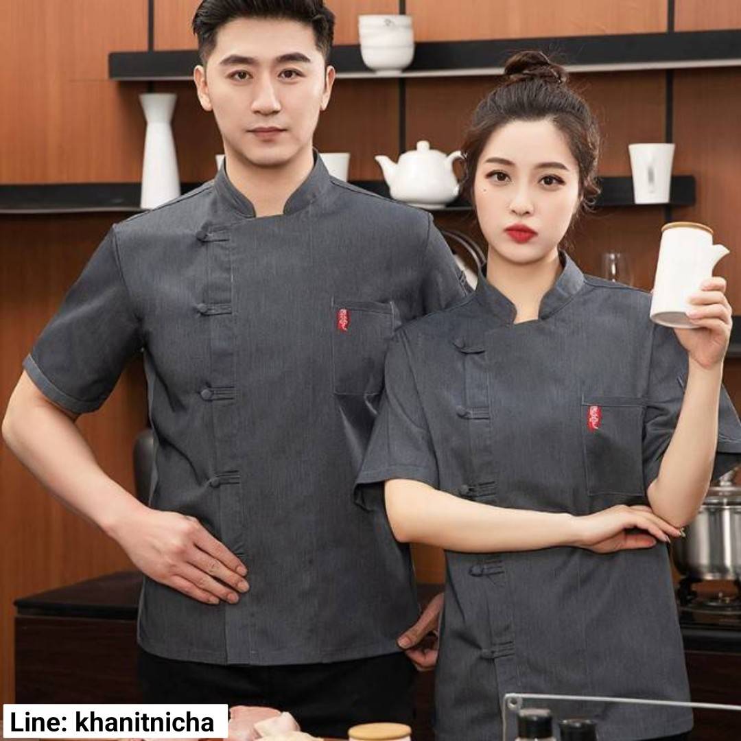 เสื้อเชฟสไตล์จีนติดกระดุมแขนสั้น เสื้อเชฟร้านอาหาร ด้านหลังเป็นผ้าระบายอากาศ