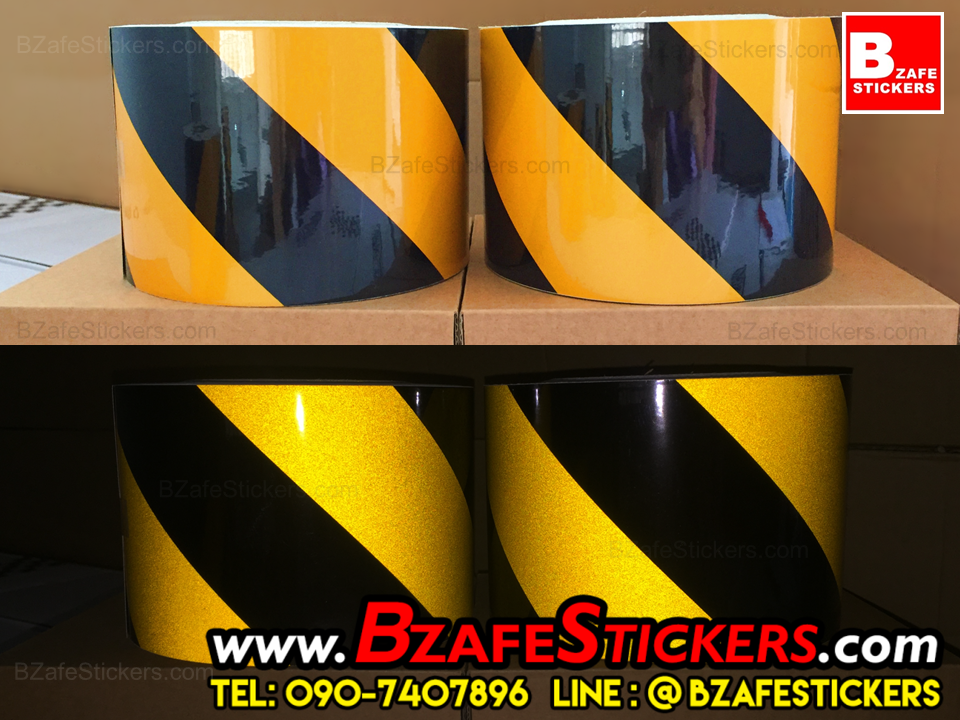แถบสติ๊กเกอร์สะท้อนแสง เหลือง-ดำ ลายเฉียง กว้าง 4 นิ้ว x ยาว 45 ม.