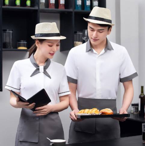 ชุดฟอร์มพนักงานเสริฟสีดำ สีขาว สีแดง ชุดพนักงานร้านอาหาร ชุดร้านกาแฟ โรงแรม รีสอร์ท