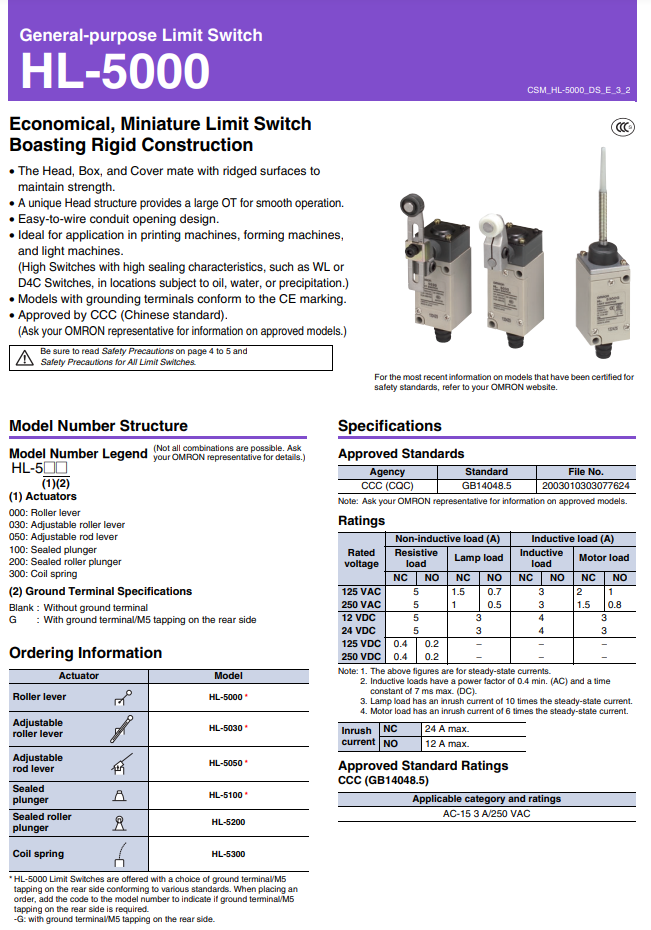 ลิมิตสวิทช์ Limit Switch OMRON HL-5030 ชนิดลูกกลิ้งปรับได้ Adjustable roller lever 5A 250V IP65 1NO/1NC