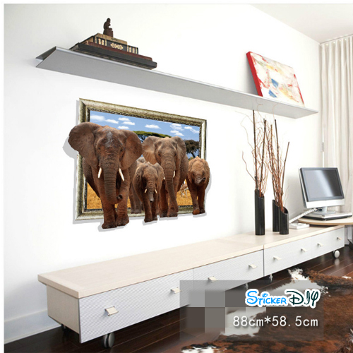 Transparent wall sticker สติ๊กเกอร์ติดผนังสามมิติ 3D ช้างสี่เชือก "ความอุดมสมบูรณ์" (กว้าง88cm.xสูง59cm)